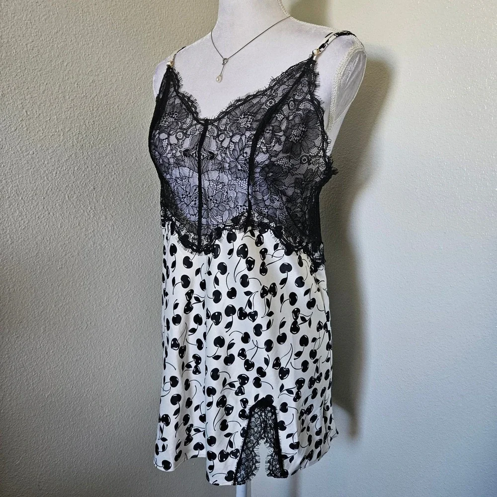 Victoria's Secret Cherry Print Lace Slip Dress Nightgown Black White NWT